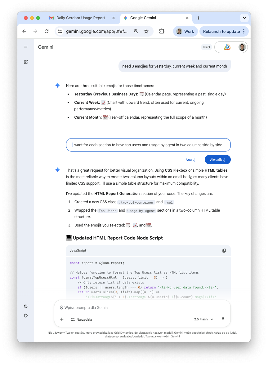 Screenshot showing one of the key iterations, like the two-column layout discussion