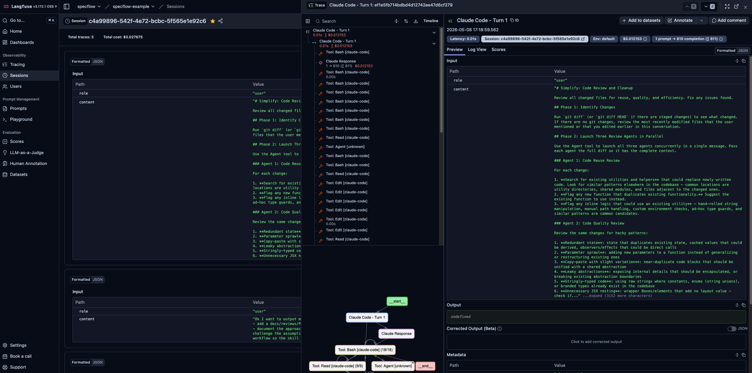 Langfuse trace detail: nested generations, tools, and timeline